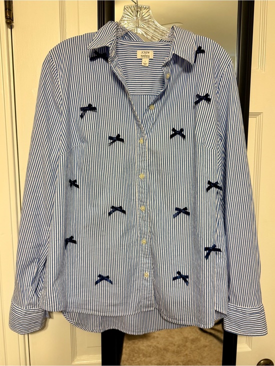 J. Crew Tops - J. Crew Blue & White Striped Button-Down Shirt with Navy Bow Accents